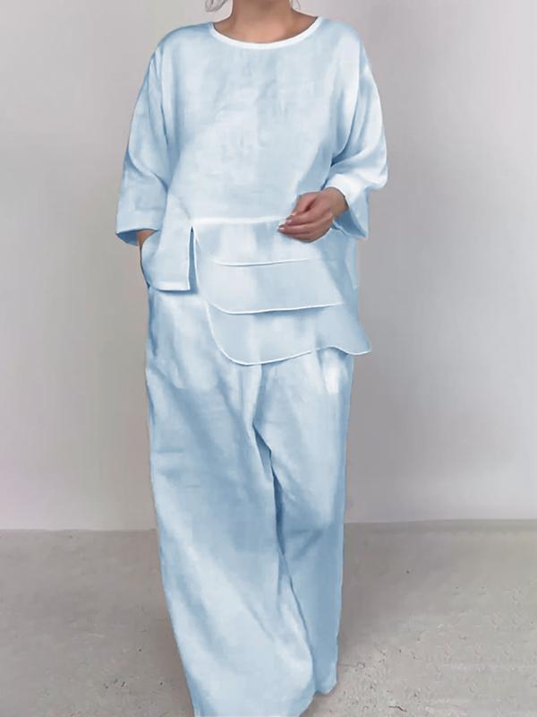 Round Neck Satin Layered Design Blouse Wide Leg Pants Suit