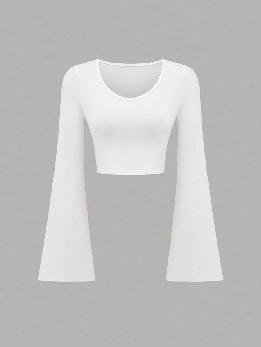 Fashion Solid Color Scoop Bell Sleeve Short Slim Fit Slimming T-shirt