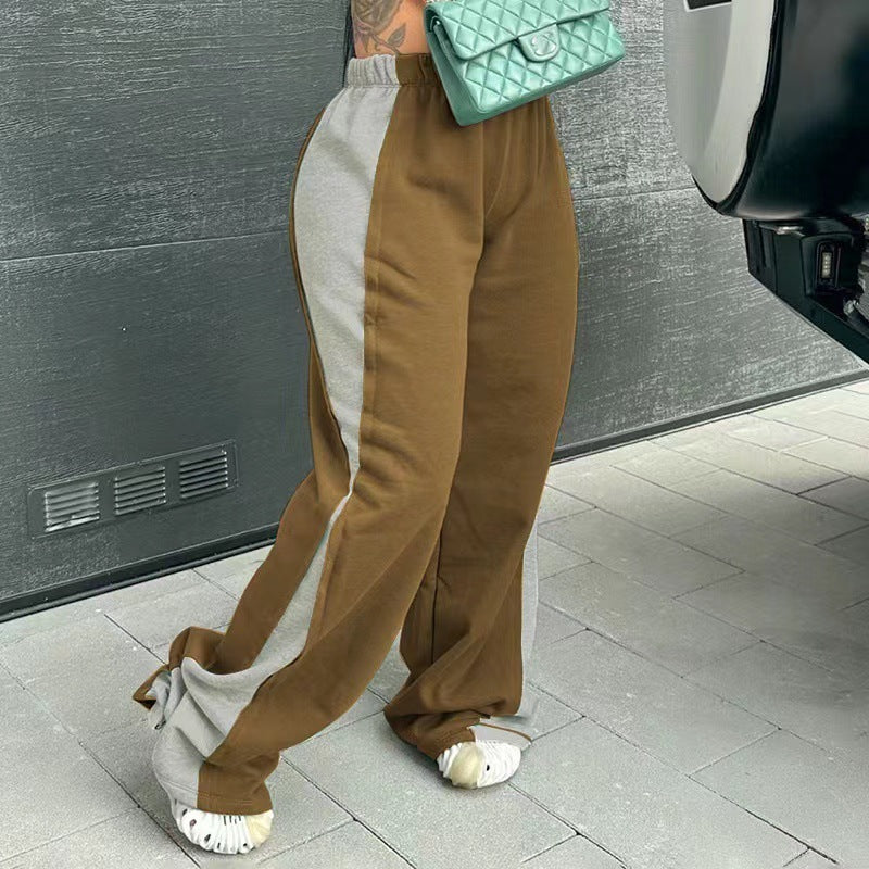 Women's Elastic Waist Colorblock All-matching Straight Wide Leg Sweatpants