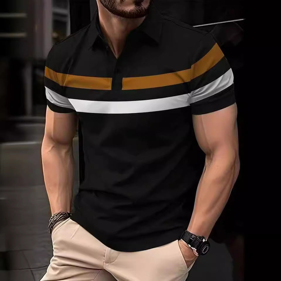 Striped Stitching Fashion Casual Button Short Sleeve