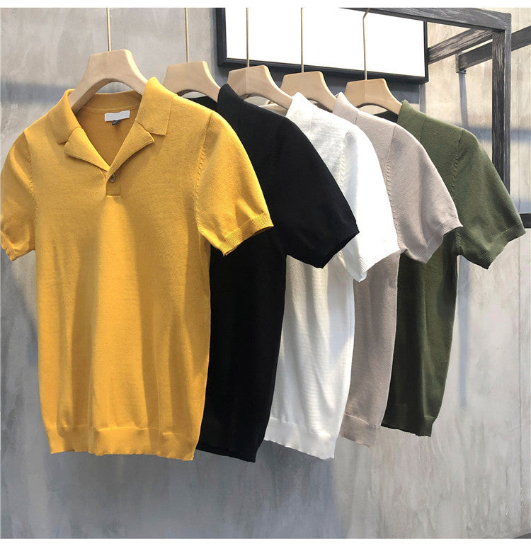 V-neck Solid Color Knitted Short-sleeved Shirt