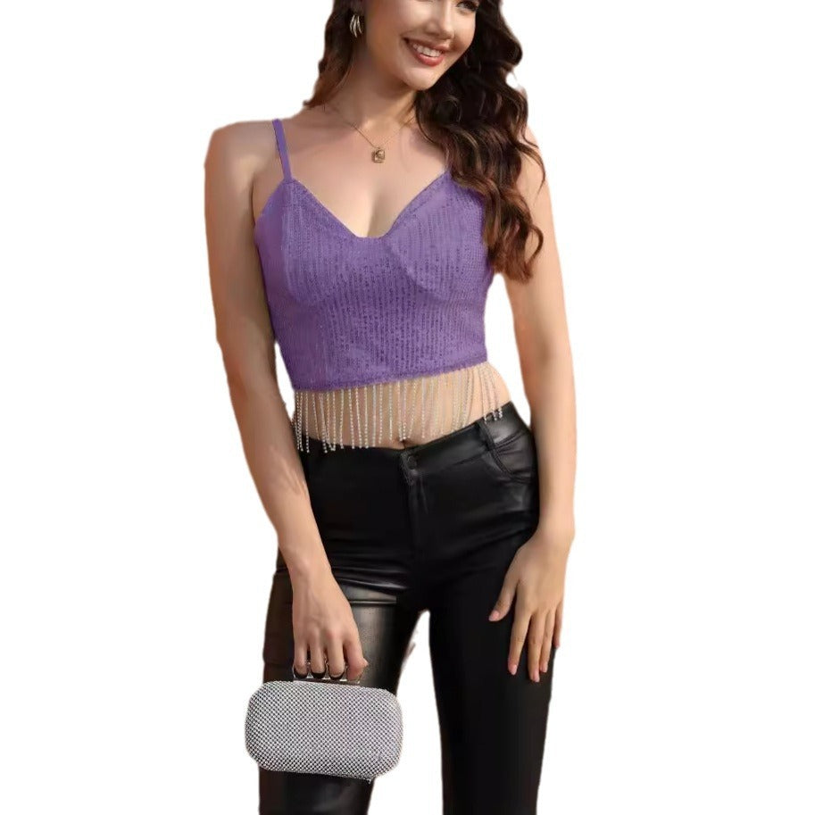 Crystal Chain Hot Girl Vest Short Spaghetti Straps Midriff-baring Top