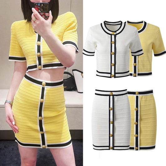 Temperament Slim-fit Contrast Colors Gold Buckle Round Neck Cardigan Two-piece Set