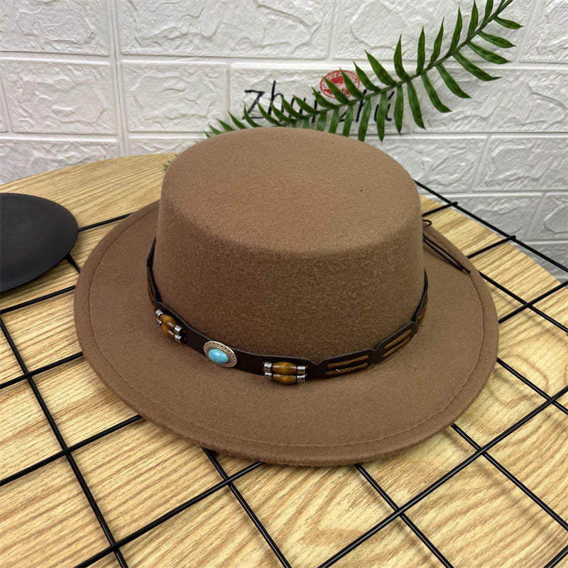 British Retro Woolen Wide Brim Flat Top Hat
