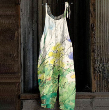 Women's Printed Street Hipster Fashion Multi-color Cotton And Linen Suspender Jumpsuit