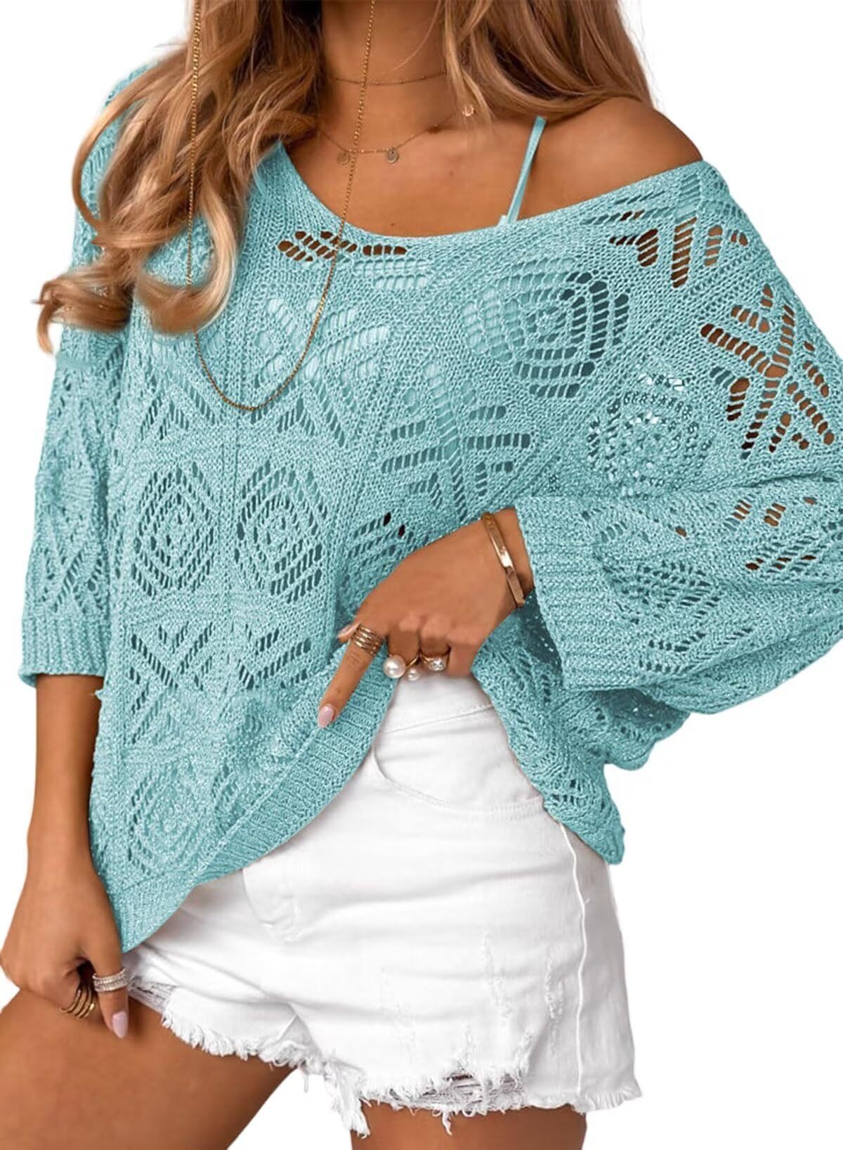 European And American Spring And Summer Crochet Hollow-out Three-quarter Sleeve Pullover Sweater Off-the-shoulder T-shirt