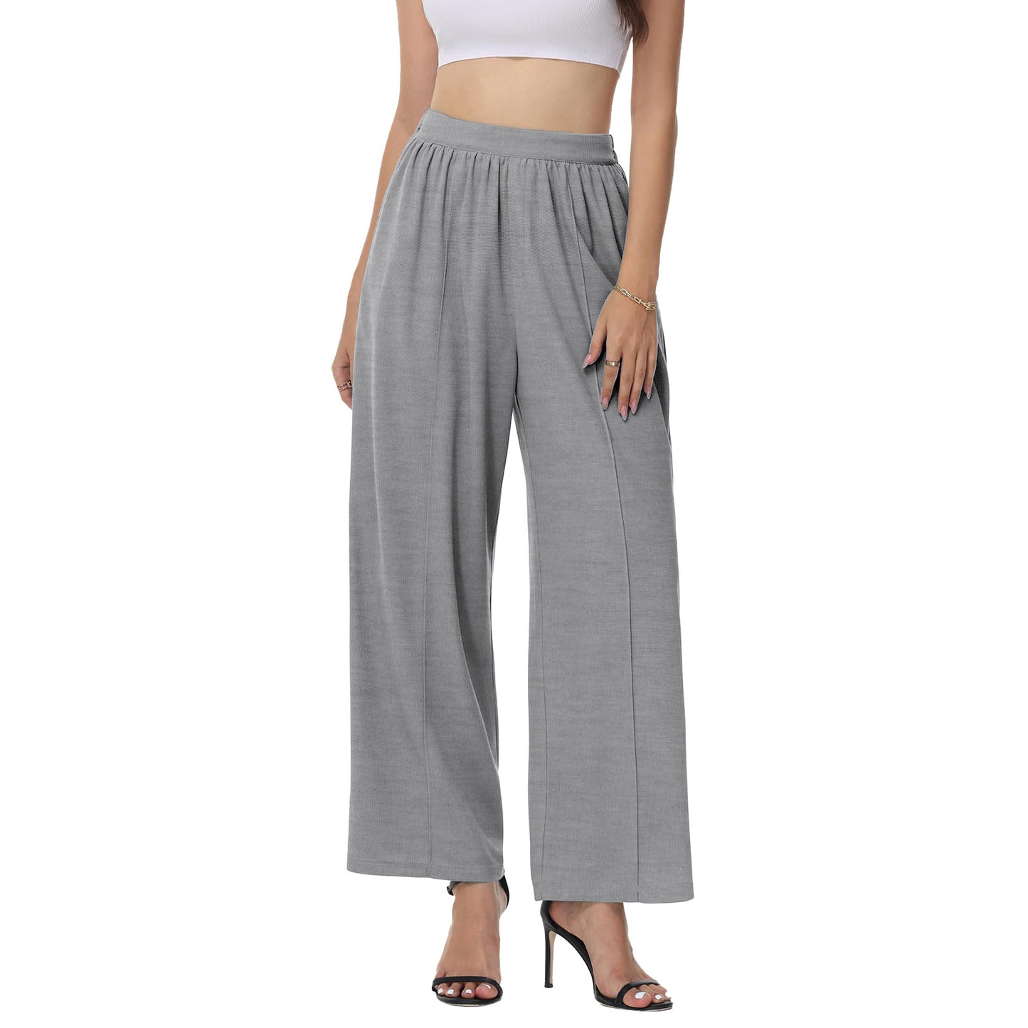 Women's Wide Leg Pants Waffle Knitted High Waist