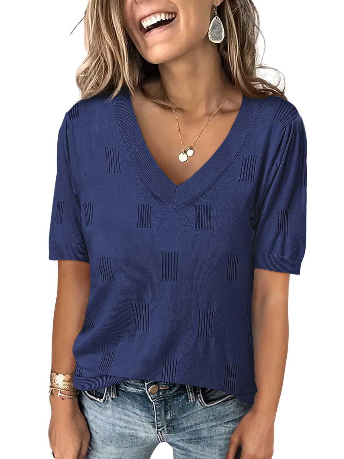 V-neck Lightweight Thin Knit Sweater With Short Sleeves