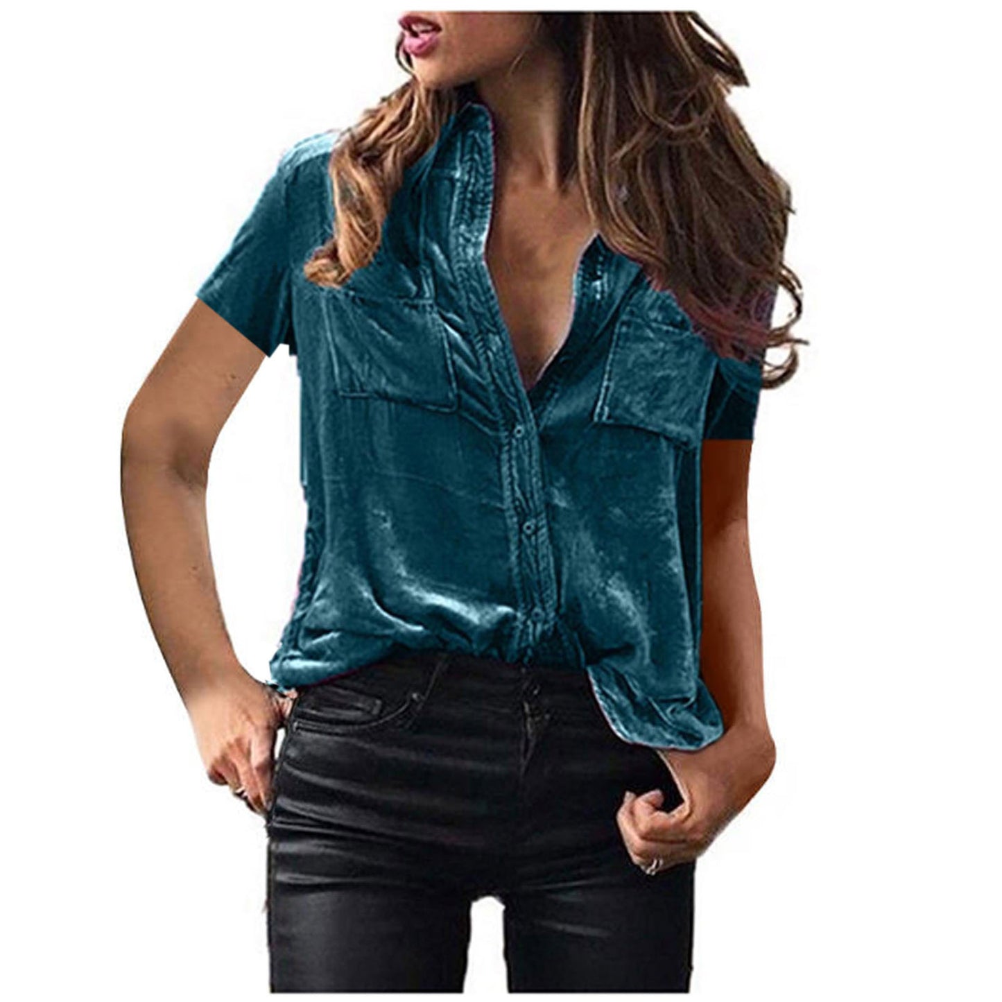 European And American Spring And Summer Pocket Shirt Top Solid Color Elegant Long Sleeve Shirt For Women