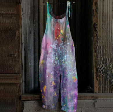 Women's Printed Street Hipster Fashion Multi-color Cotton And Linen Suspender Jumpsuit