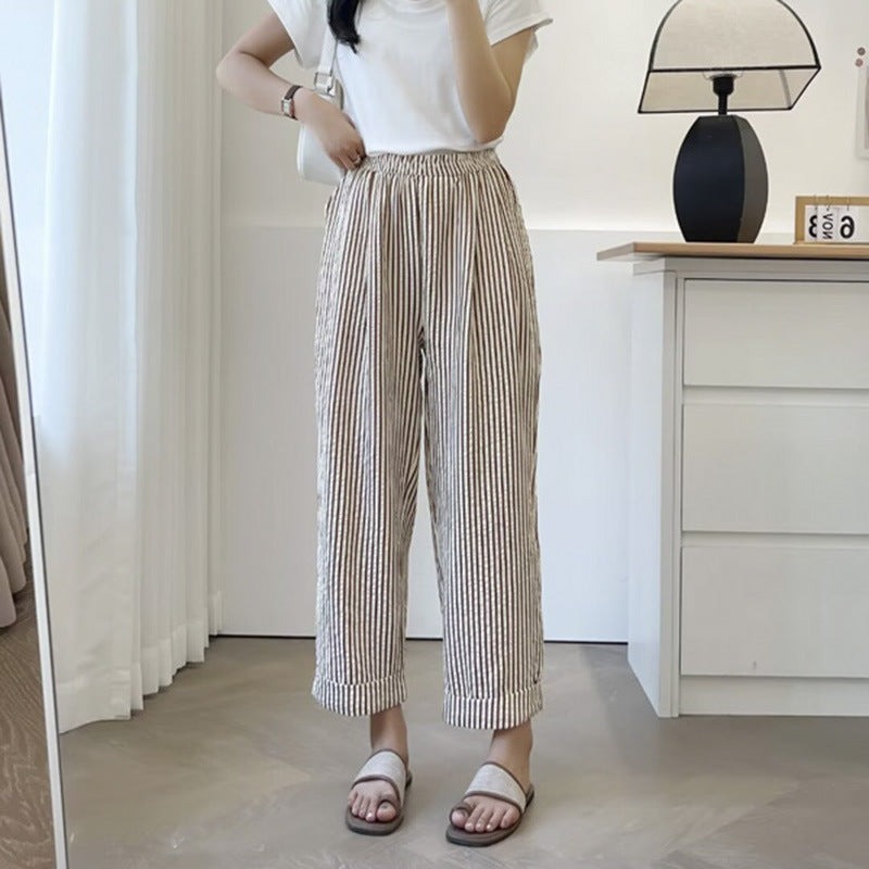 Elastic Waist Loose Vertical Stripes Casual Straight Pants