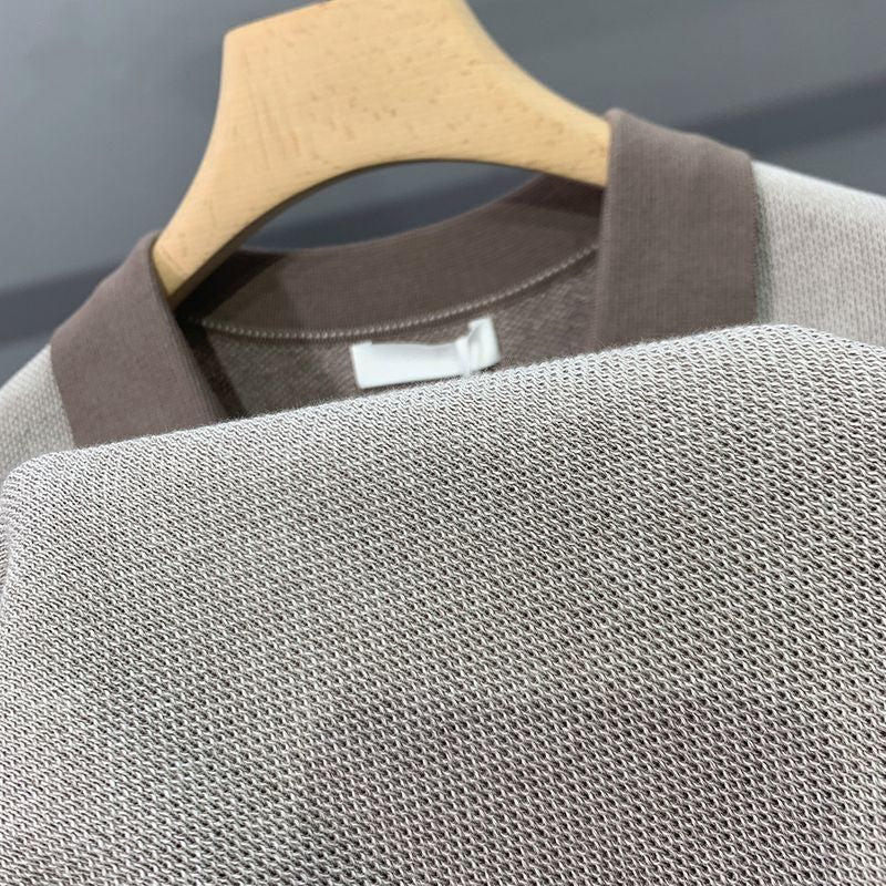 Men's Ice Silk Knitted Trendy Niche Contrast Color Lapels Short Sleeve