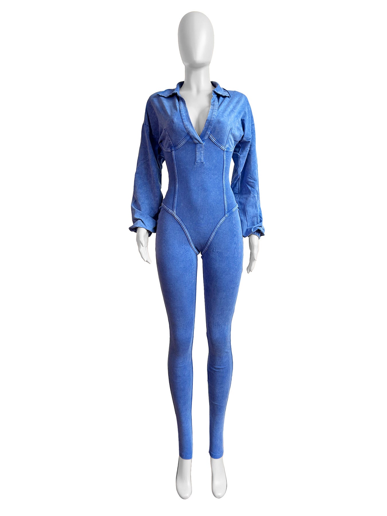 Fashion Women's Wear Washed Old Deep V Neck Tight Long Sleeve Jumpsuit