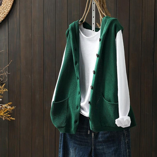Hooded Knitted Vest Female Artistic Relaxed-fit Casual
