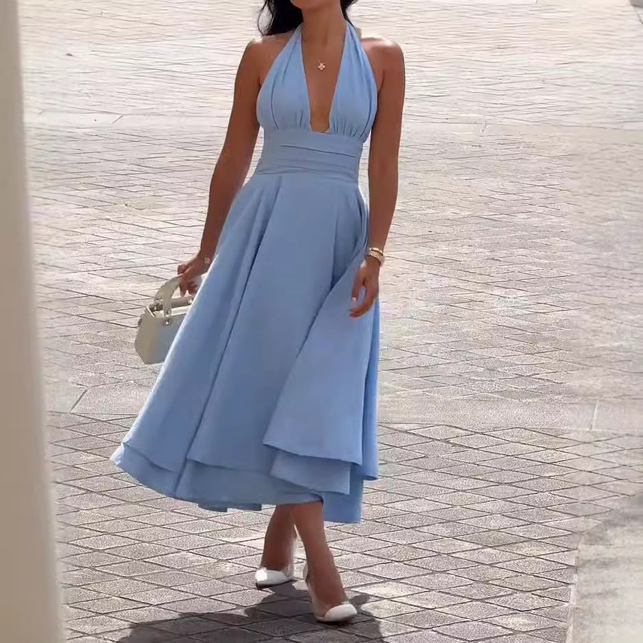 Fashion Casual Halter Solid Color Dress