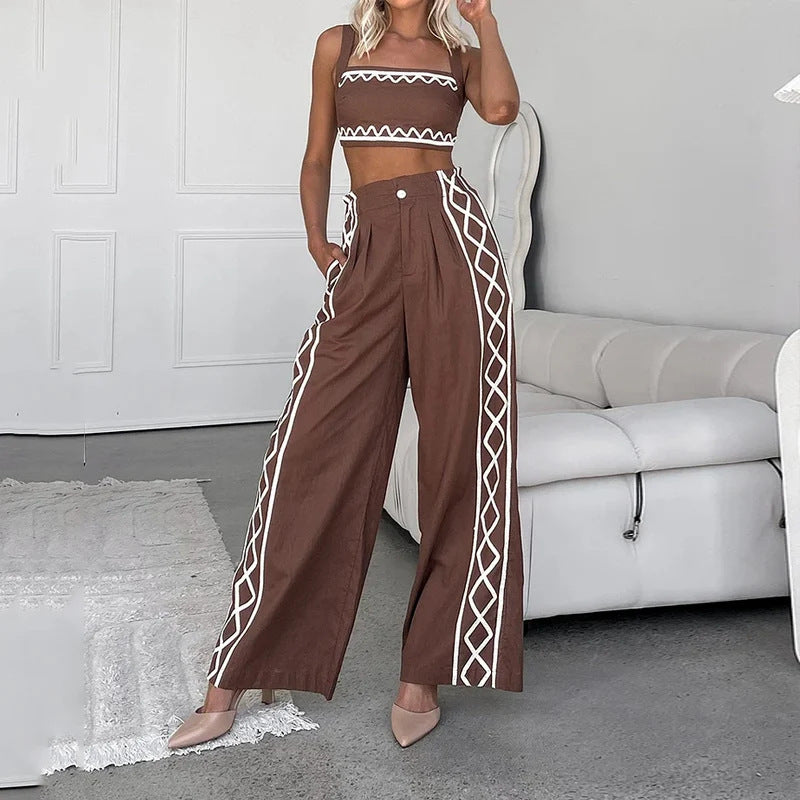 Women's Sexy Crop-top Spaghetti-strap Trousers Two-piece Suit
