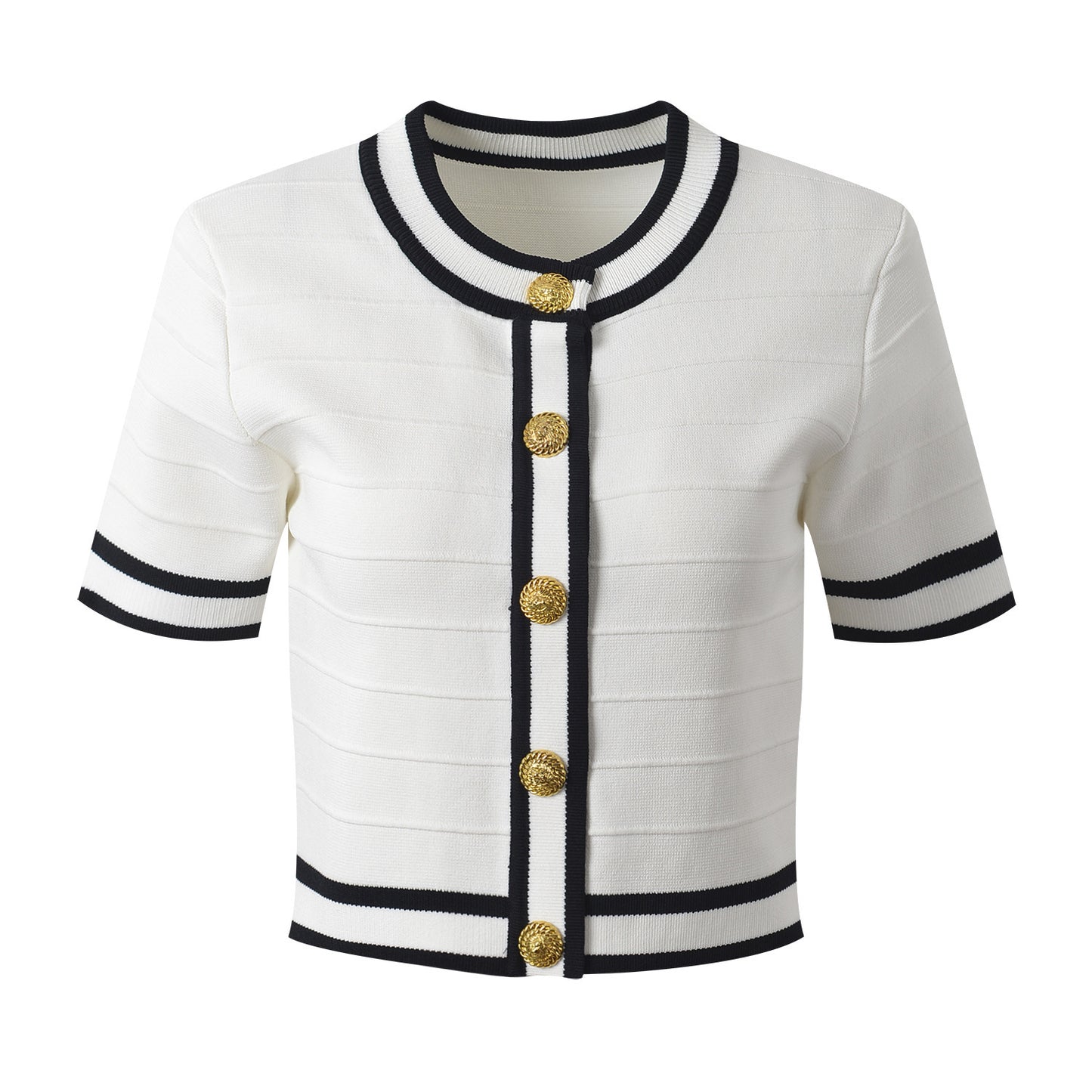 Temperament Slim-fit Contrast Colors Gold Buckle Round Neck Cardigan Two-piece Set