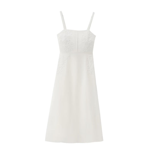 Women's White Embroidered Suspender Midi Skirt