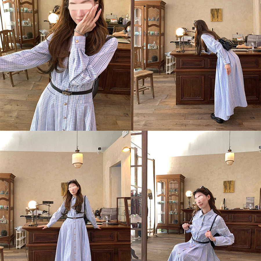 Fashionable Lace Blue Elegant Plaid Long-sleeved Shirt Dress