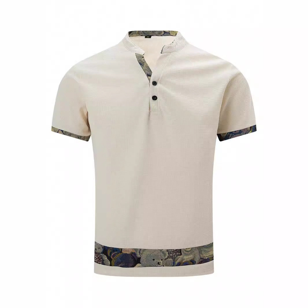 Color Stitching Stand-collar Short Sleeve Button Fashion