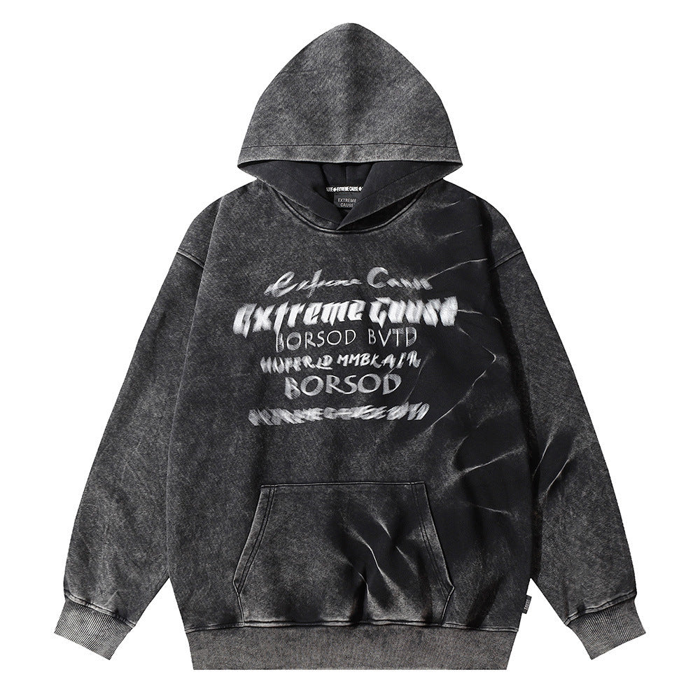 Distressed Tie-dyed Letter Printed Men's Loose Street Pullover Long Sleeve Sports Hoodie