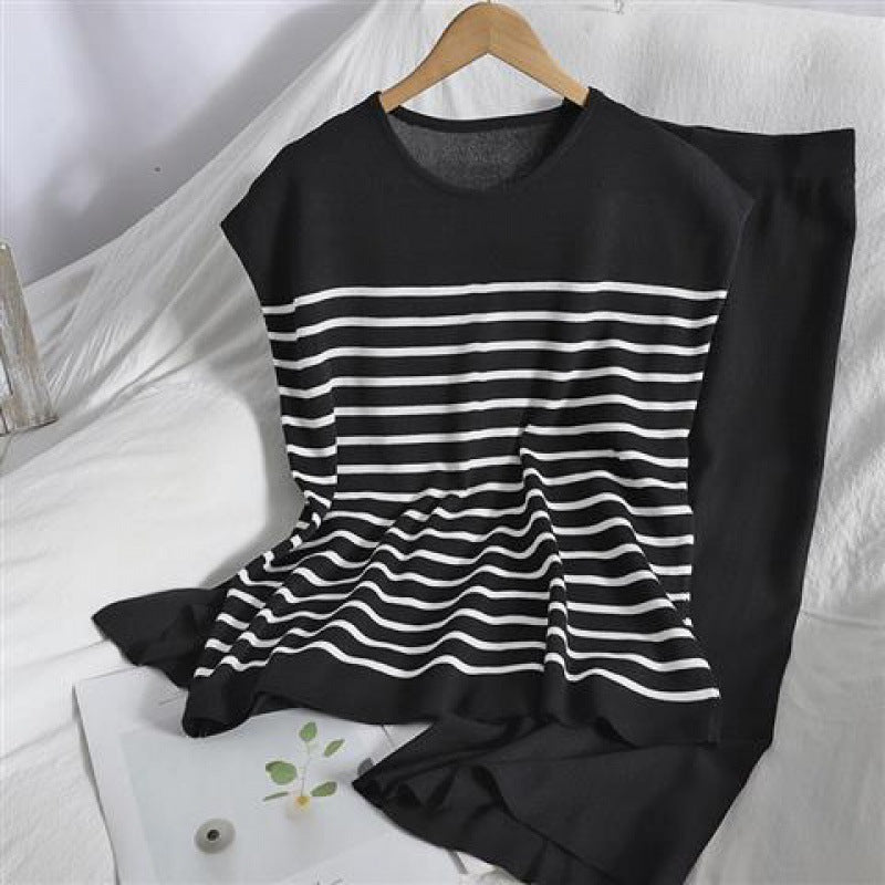 Women's Ice Silk Stripes Pullover Top Slimming Wide Leg Pants Knit Two-piece Suit