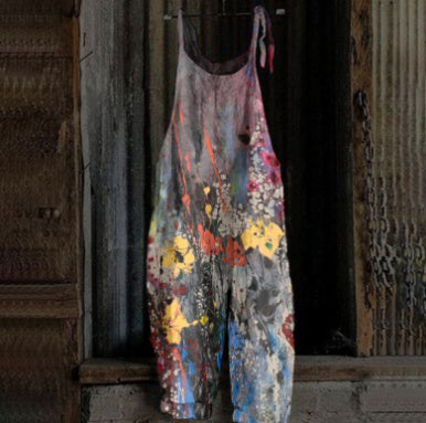 Women's Printed Street Hipster Fashion Multi-color Cotton And Linen Suspender Jumpsuit