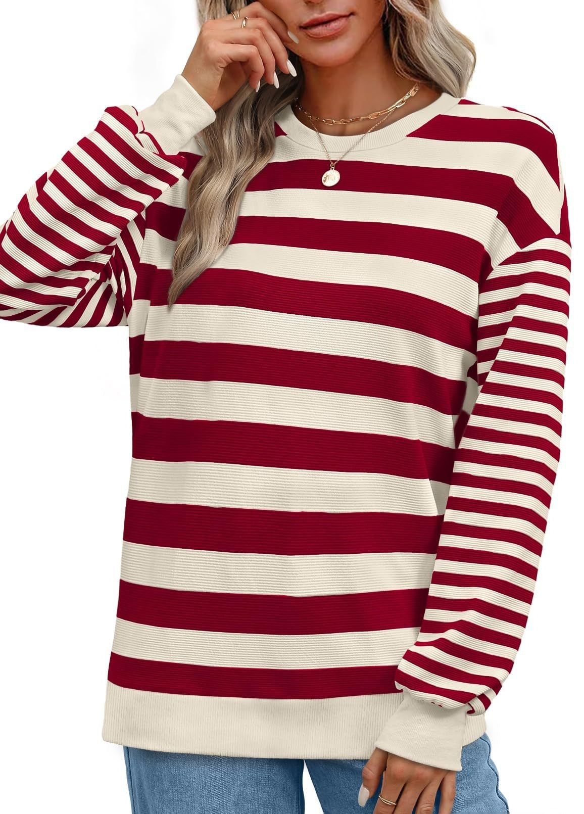 Striped Round Neck Contrast Color Loose Long Sleeve Sweatershirt Women