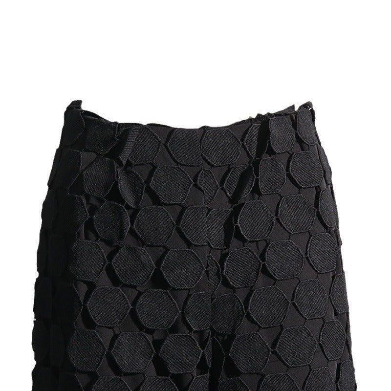 Fashionable Elegant Round Design Tassel Hollow-out Embroidered High Waist Wide-leg Pants