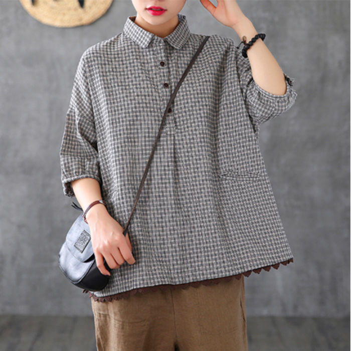 Retro Lace Loose Oversized Plaid Shirt