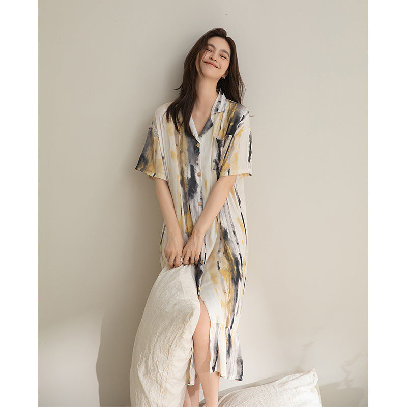 Cool Artificial Silk Nightdress Women's Short Sleeve