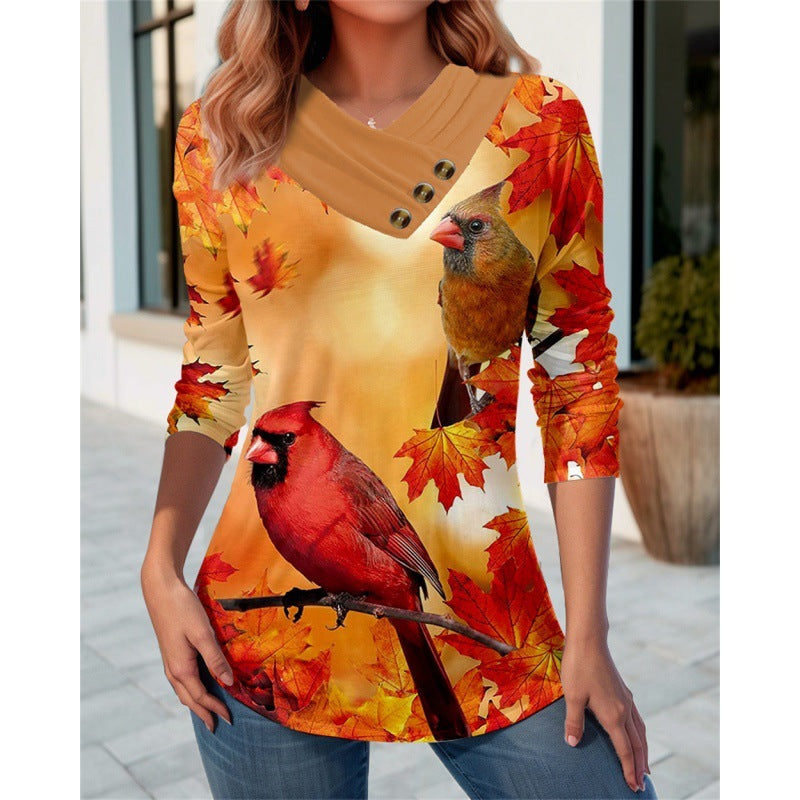 New Women's Clothing Cross-border Foreign Trade Casual 3D Printing V-neck Long Sleeve Top