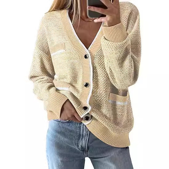 Women's V-neck Pocket Long-sleeved Knitted Cardigan Color Matching