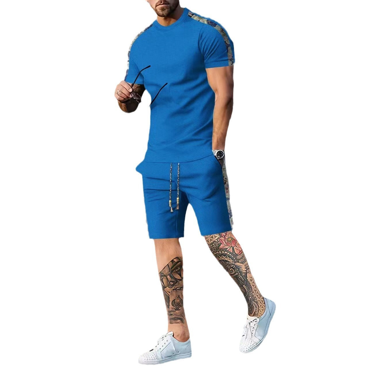 Color Matching Zipper Short Sleeve Shorts Two-piece Set