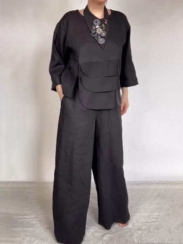 Round Neck Satin Layered Design Blouse Wide Leg Pants Suit
