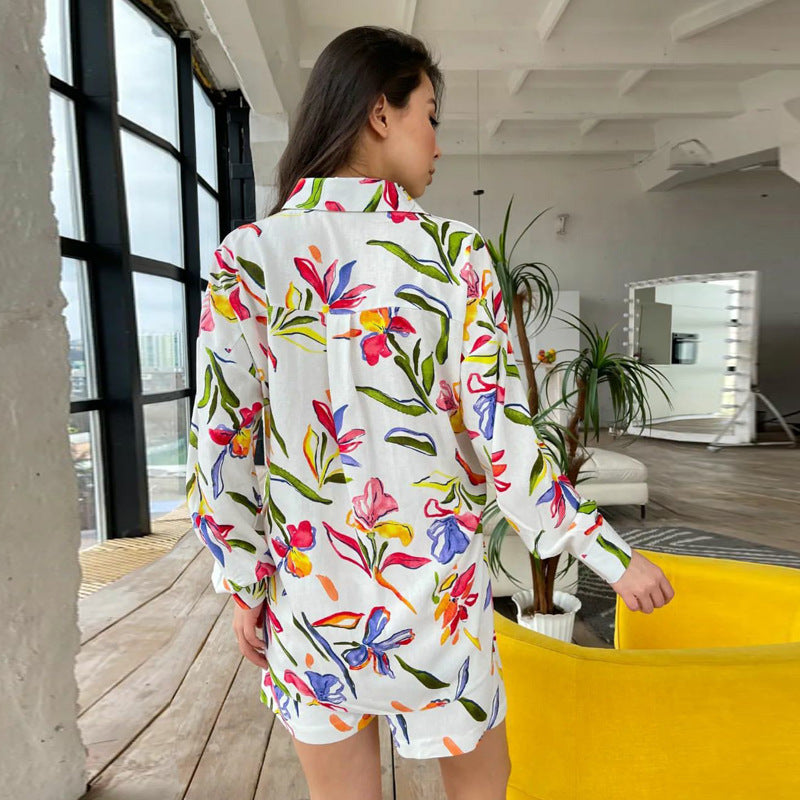 European And American Suit Women's Printed Long-sleeved Shirt Shorts Ladies