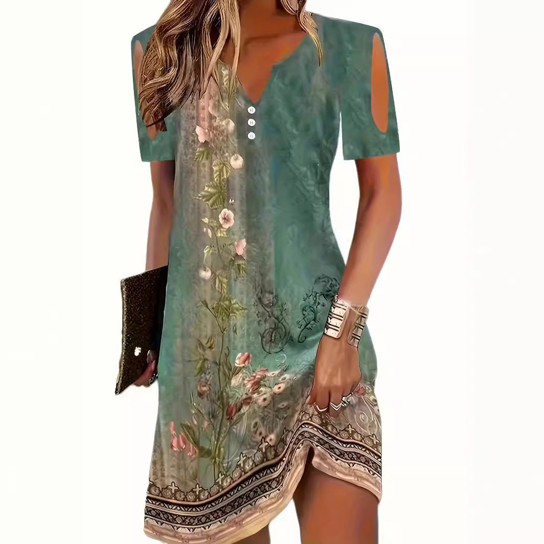 Fashion Round Neck Hollow Sleeve V-neck Dress
