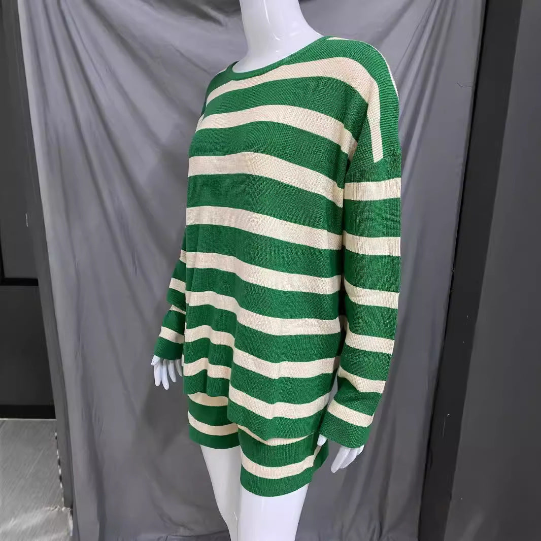Women's Knitted Color Matching Suit Striped Long Sleeve