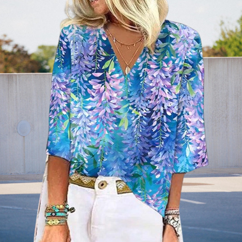 Women's Fresh Casual Floral Printed V-neck Top