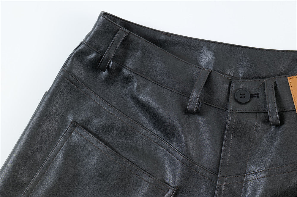 Men's Loose Cool Straight Pocket Inside-out Wear Design PU Leather Shorts