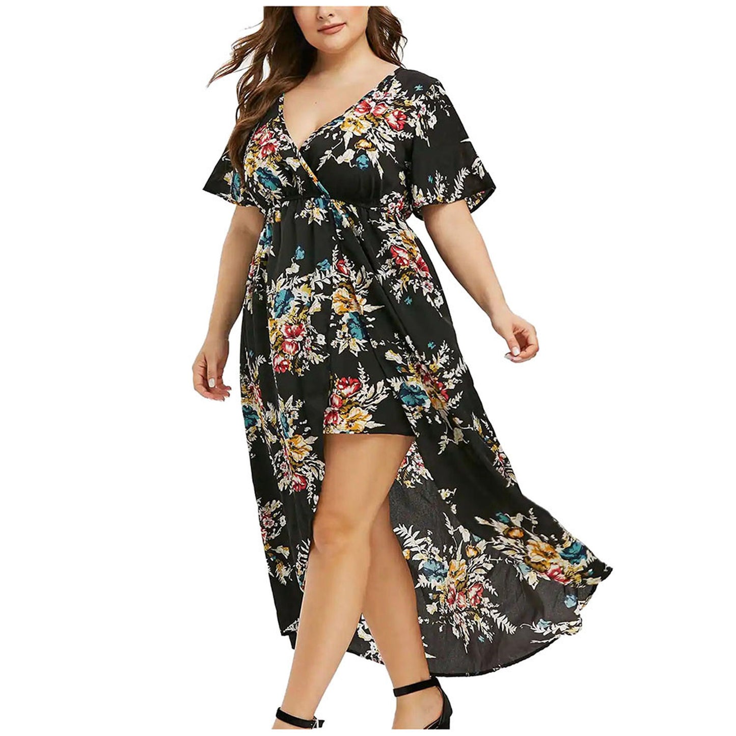 New Women's Loose Slimming V-neckline Flower Print Plus Size Dress