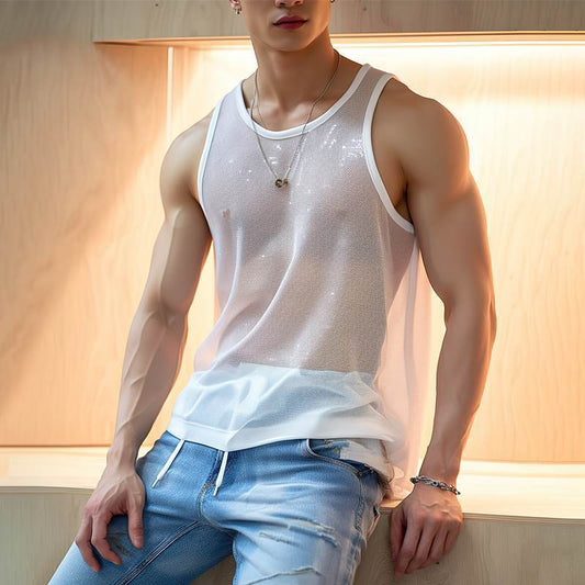 Men's Sports Pure Color Mesh Top Lightweight Sleeveless Slim Fit Sexy See-through Vest