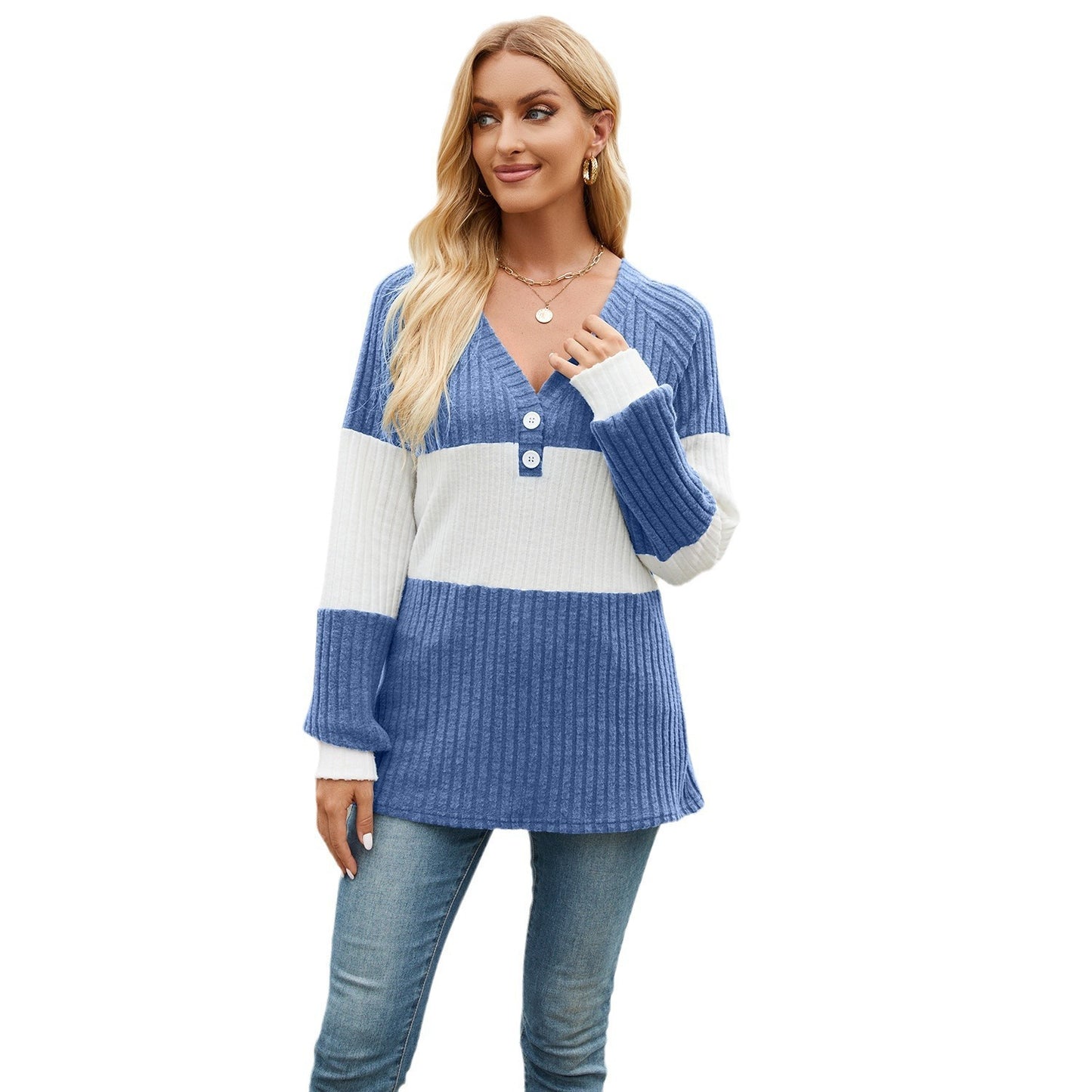 Women's Long Sleeve V-collar Contrast Color Loose Top