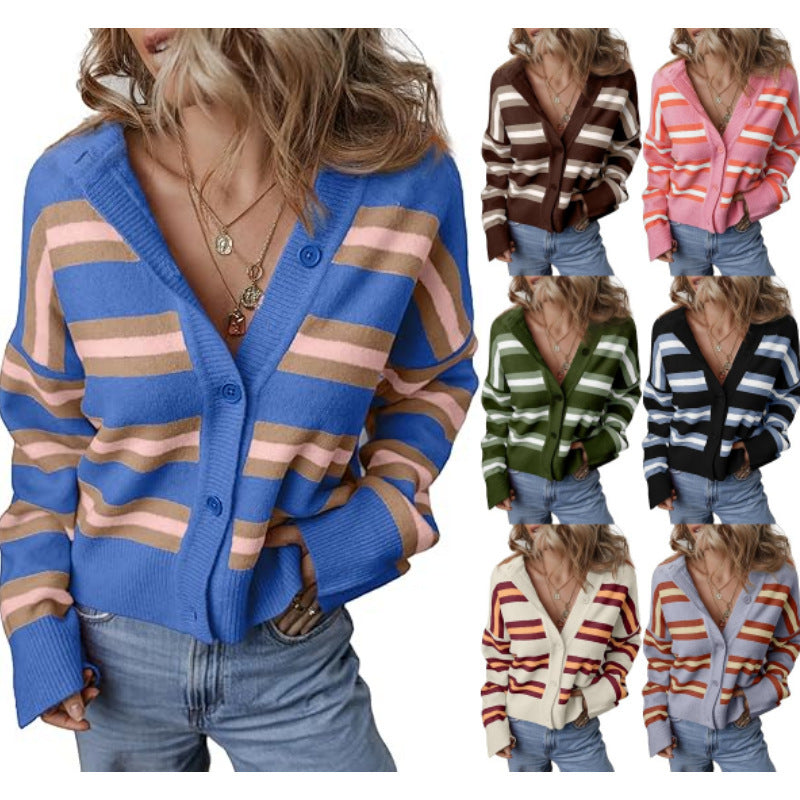 Striped Color Stitching Knitted Cardigan Women's Clothing