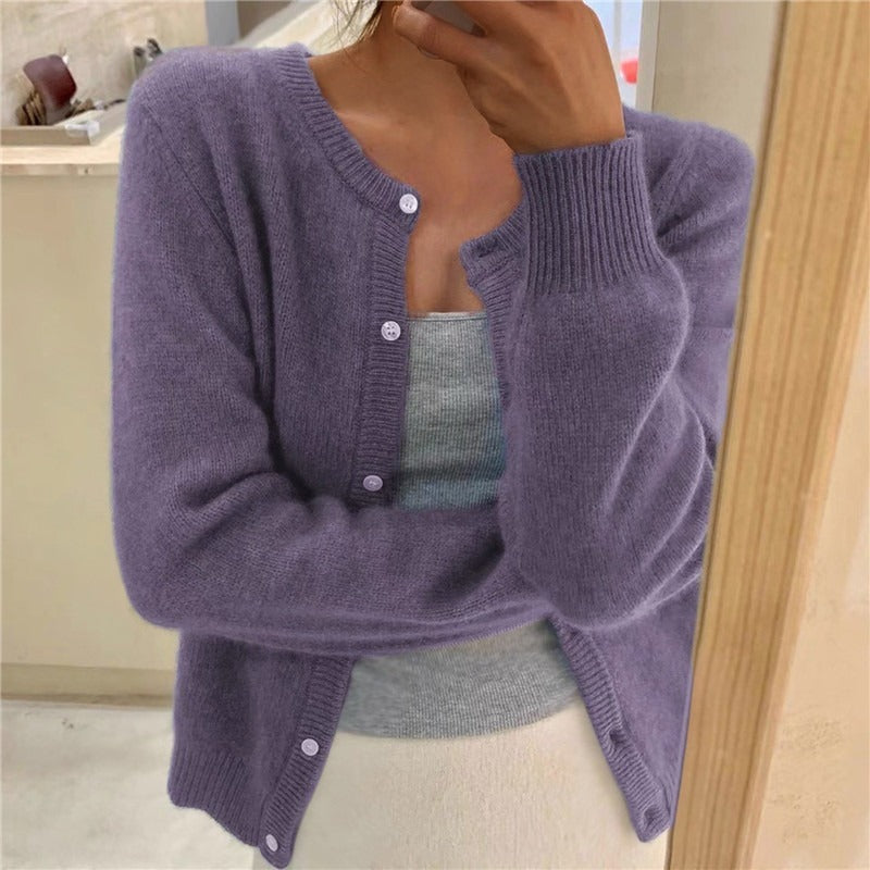 Women's Round Neck Solid Color Knitted Cardigan