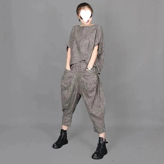 Retro Artistic Striped Casual Suit Women's Plus Size Loose Short Sleeve