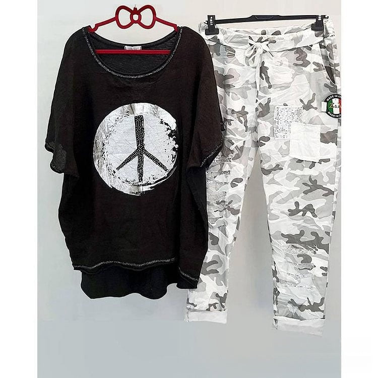 Casual Suit Women's Cotton And Linen Heat Transfer Patch Top Camouflage Printing Sweatpants