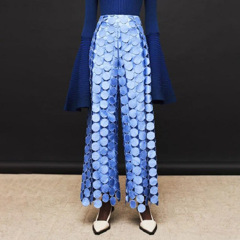 Fashionable Elegant Round Design Tassel Hollow-out Embroidered High Waist Wide-leg Pants