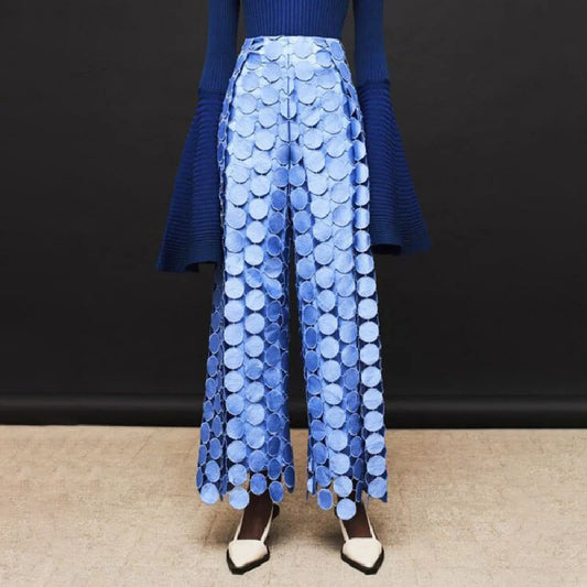 Fashionable Elegant Round Design Tassel Hollow-out Embroidered High Waist Wide-leg Pants