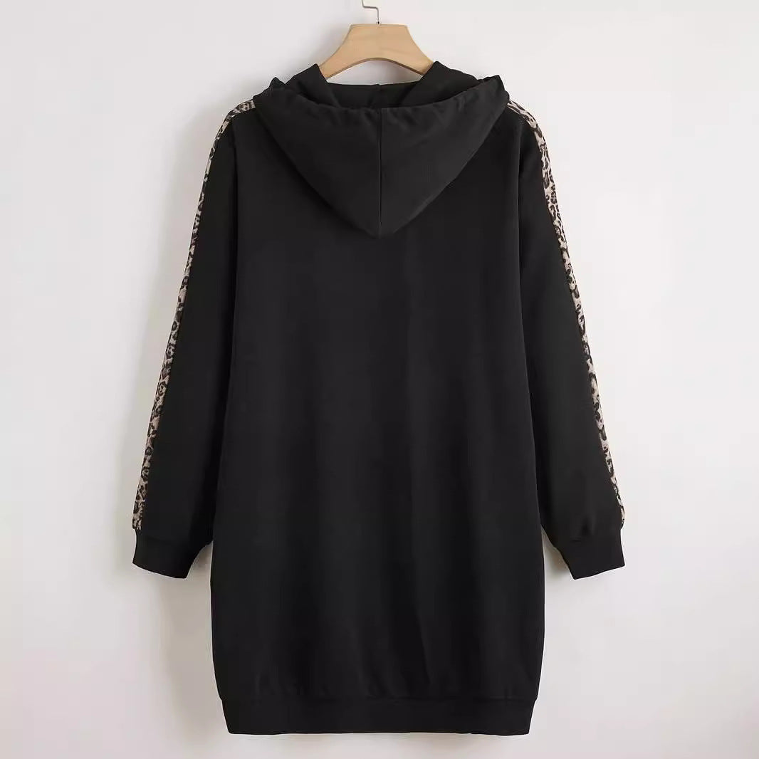 Plus Size Side Leopard Print Drawstring Hoodie